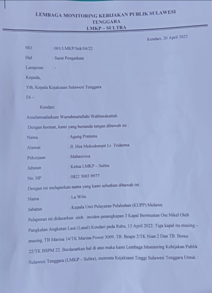 Lmkp Minta Kejaksaan Tinggi Periksa Kepala Syahbandar Molawe