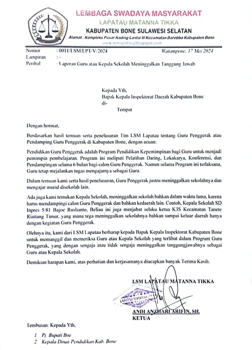 Lsm Lapatau Laporkan Dugaan Penelantaran Tanggung Jawab Guru Dan Kepala Sekolah Di Kabupaten Bone