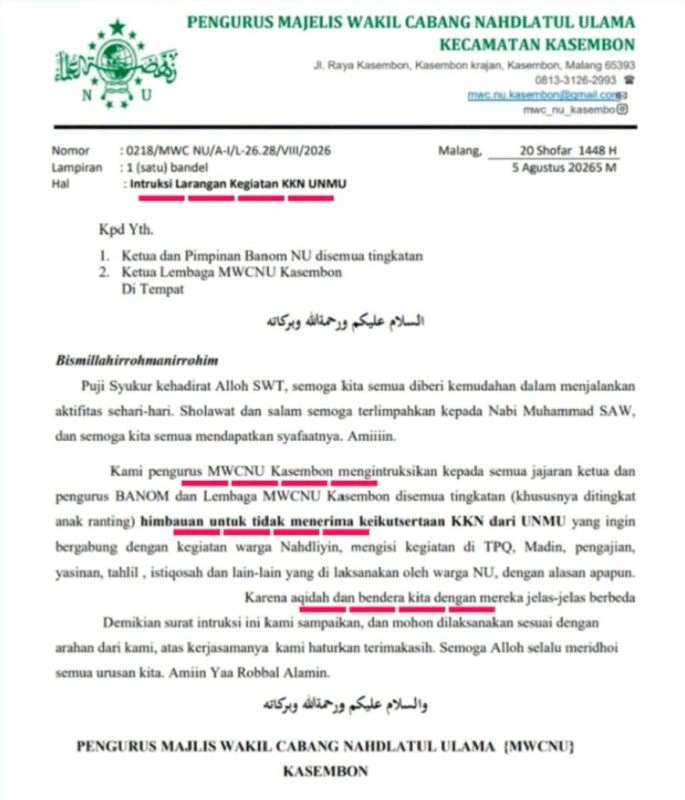 Beredar Surat Larangan Mahasiswa Kkn Umm Ikuti Kegiatan Keagamaan, Begini Respons Pcnu Dan Kampus