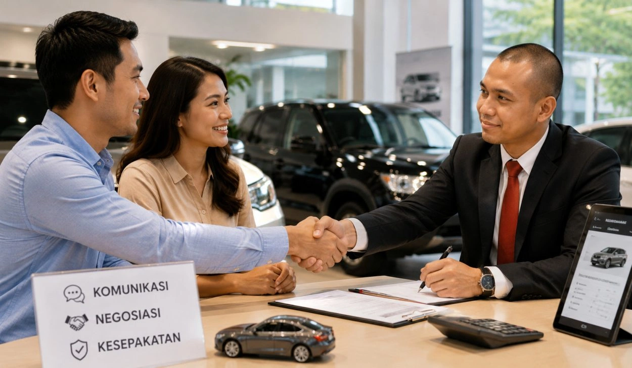 Buatkan Gambar Ilustrasi Untuk Foto Tumbnile Dengan Tulisan Minimalis &Quot;Mencari Titik Temu Dalam Transaksi: Peran Komunikasi Negosiasi Makelar Mobil Dalam Membangun Kesepakatan_Zonanusantara.com